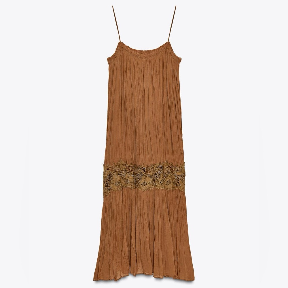Zara NWT Tan Brown Wrinkled Embroidered Contrast Crochet Midi Maxi Dress (Small) - Picture 8 of 10